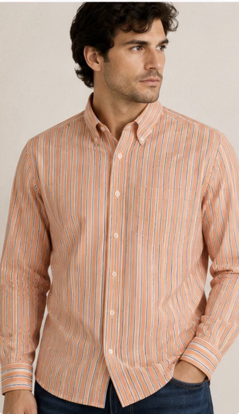 Fairway & Greene Mens M Orange Stripe Golf Shirt Long Sleeve Button Down Cotton